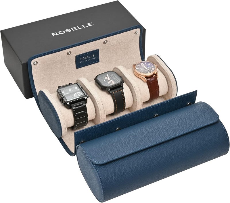 ROSELLE Genuine Leather Watch Roll Travel Case - Watch Roll Case For 3 Watches With Luxury Lining - Protect, Travel,Store, & Display Fine Watches (3 slot Blue-Genuine Leather) - Image 1
